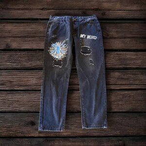 Distressed Black Denim Skinny Jeans Men's Spider Web My Kind Graphics Size 38